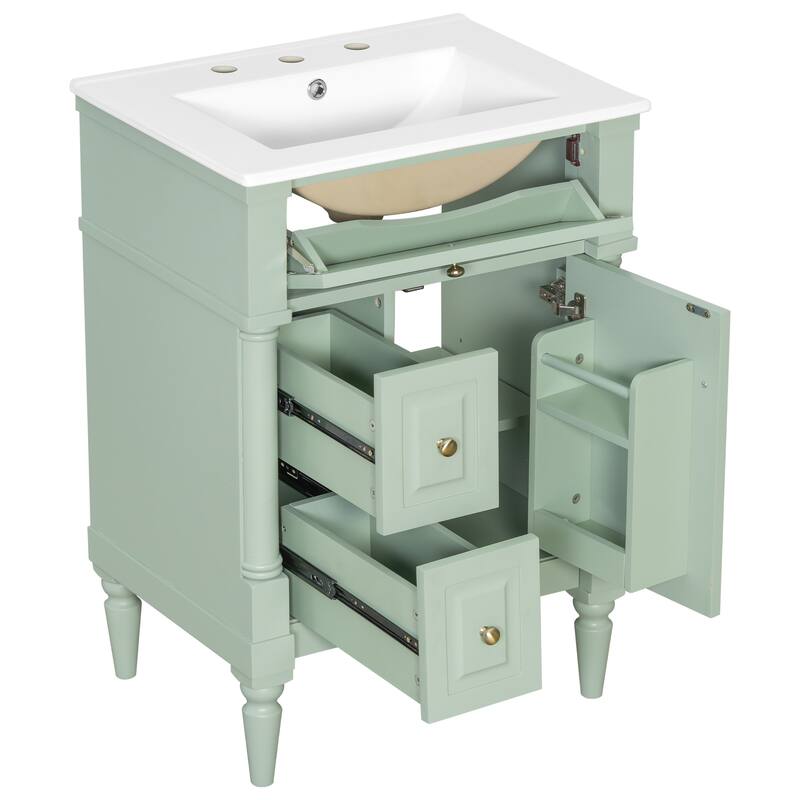 Roomfitters 24" Bathroom Vanity with Sink, Solid Wood Frame, Flip Drawer, 2 Drawers & Door Rack