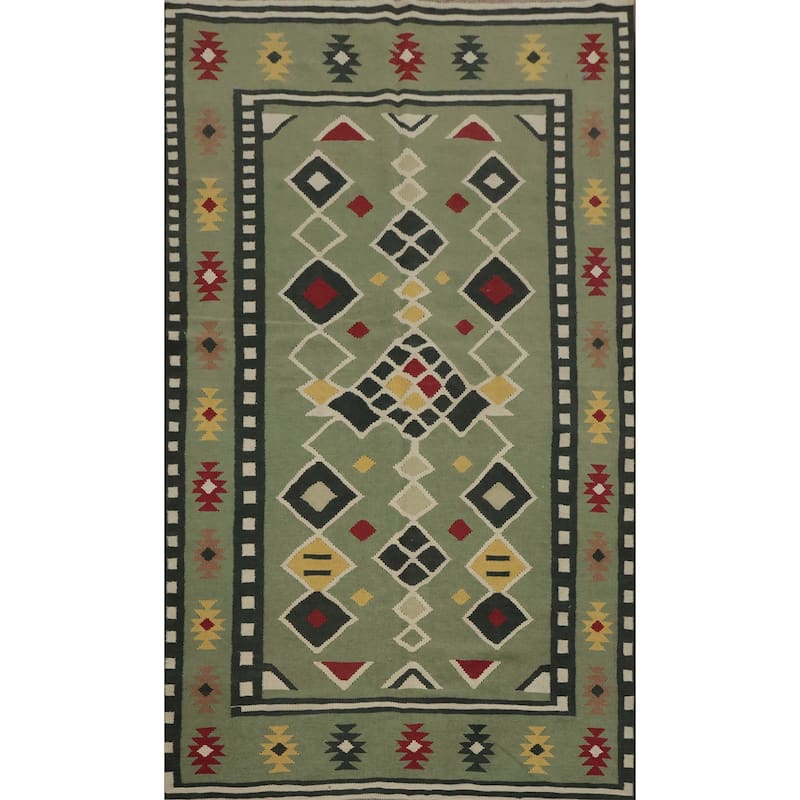 Hand Woven Oriental 100% Wool Carpet Southwestern Tribal Green Kilim Area Rug - 8' 1'' X 4' 10''