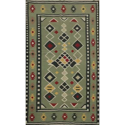 Hand Woven Oriental 100% Wool Carpet Southwestern Tribal Green Kilim Area Rug - 8' 1'' X 4' 10''