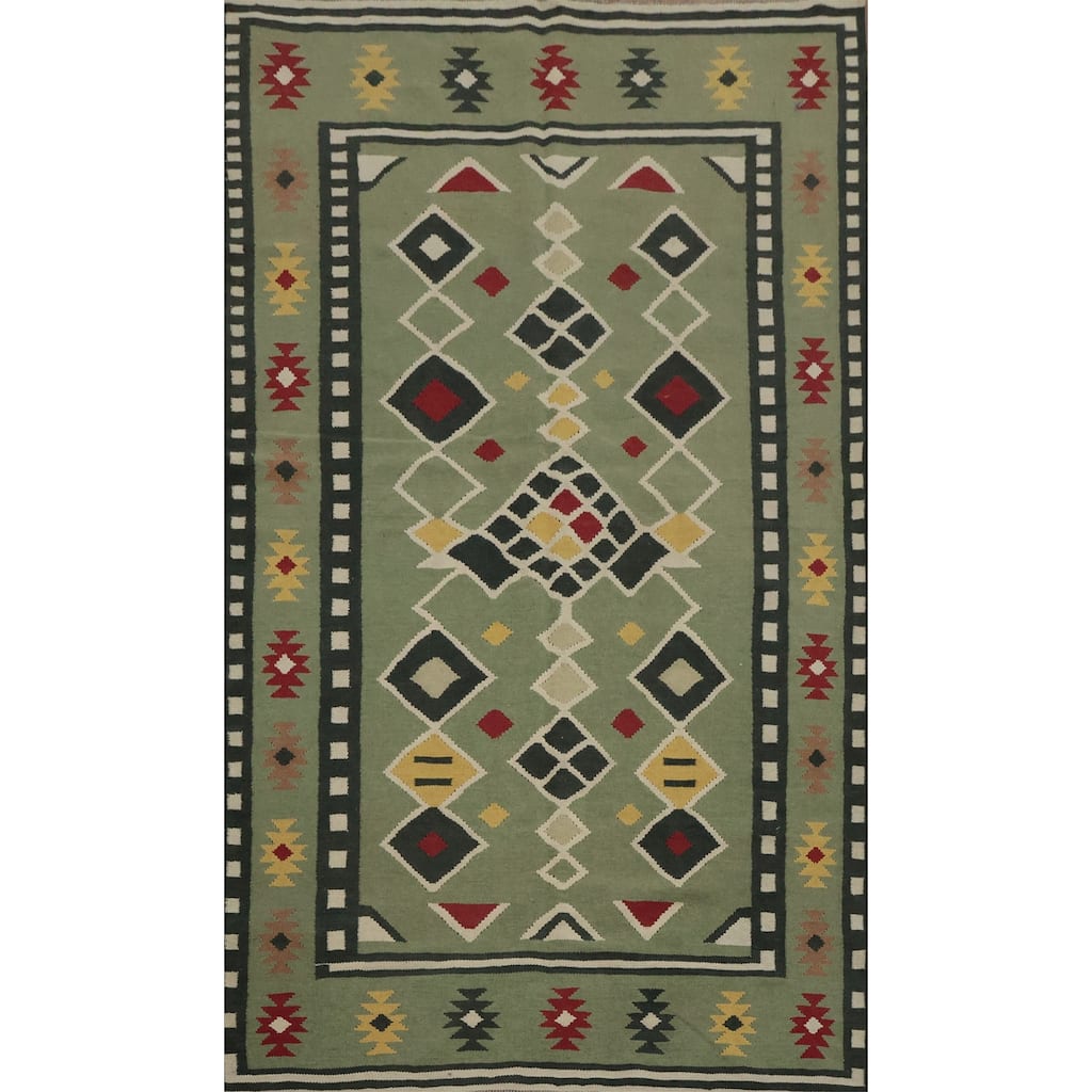 Hand Woven Oriental 100% Wool Carpet Southwestern Tribal Green Kilim Area Rug - 8' 1'' X 4' 10''