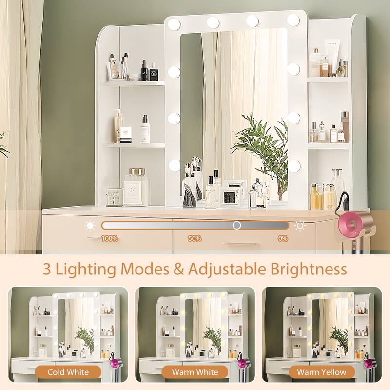 Vanity Desk with Mirror and Lights, Makeup Vanity with Power Outlet & Hair Dryer Rack,2 Drawers and 6 Shelves, Cushioned Stool