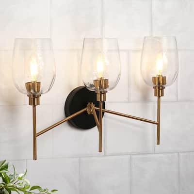 Denan Modern Glam Black Gold 3-Lights Bathroom Vanity Lights Bedroom Wall Sconces with Textured Glass