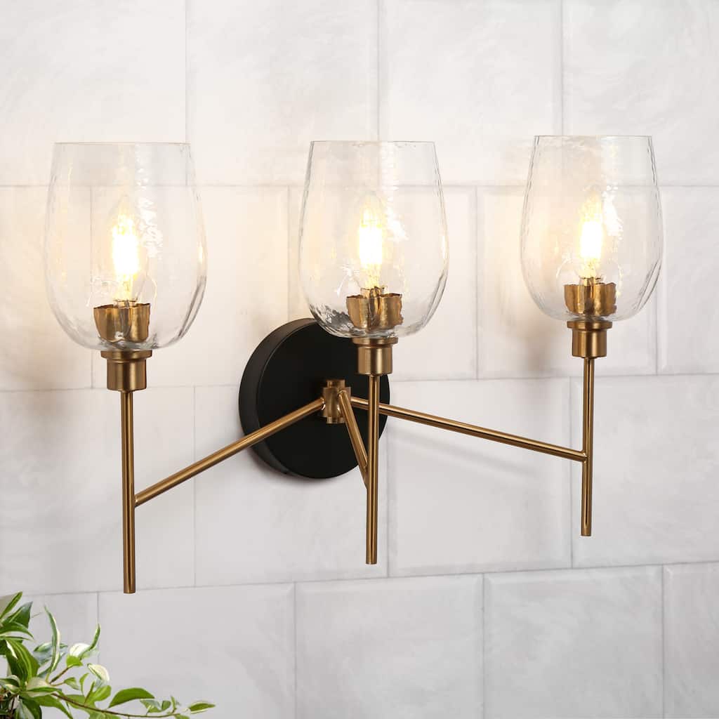 Denan Modern Glam Black Gold 3-Lights Bathroom Vanity Lights Bedroom Wall Sconces with Textured Glass