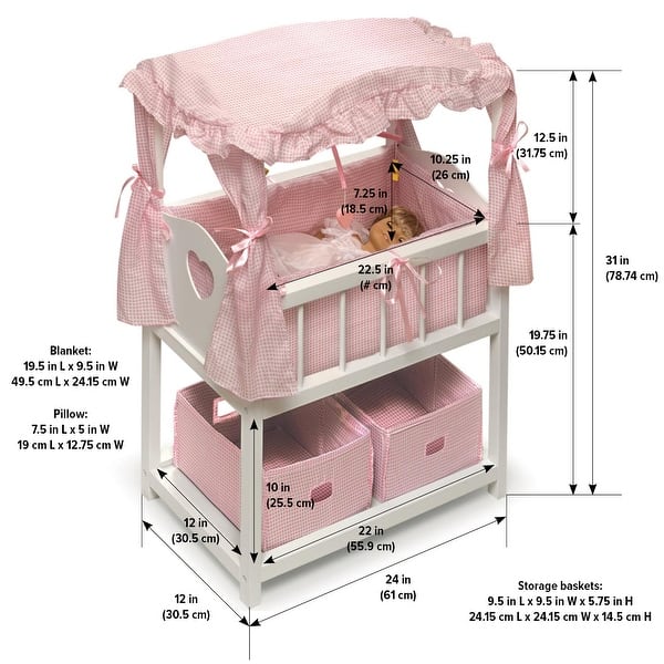 Badger Basket Canopy Doll Crib with Baskets, Bedding, and Mobile - White/Pink - 24" x 12" x 31"