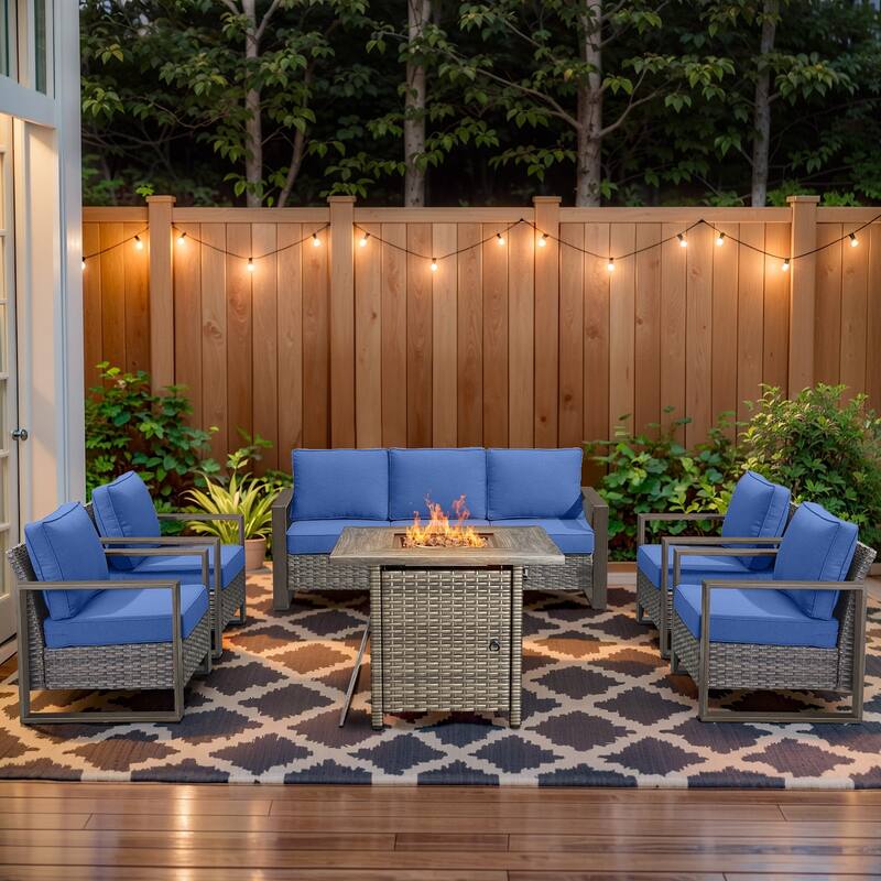 Pocassy 4/6/8PCS Sofa Swivel Chair with Fire Pit Table Set - Grey Wicker Blue Cushion - 6-Piece Sofa Patio Chair with Fire Table