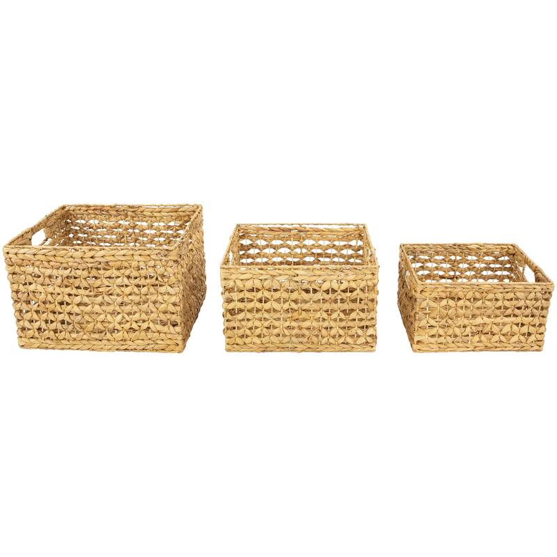 Set of 3 Diamond Weave Rectangular Water Hyacinth Baskets with Handles 17.75" - 15.5