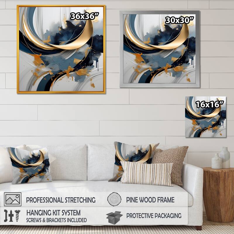 Designart "Abstract Golden Blue Whirls Of Serenity II" Abstract Fractal Gold - Modern Entryway Framed Wall Art Print