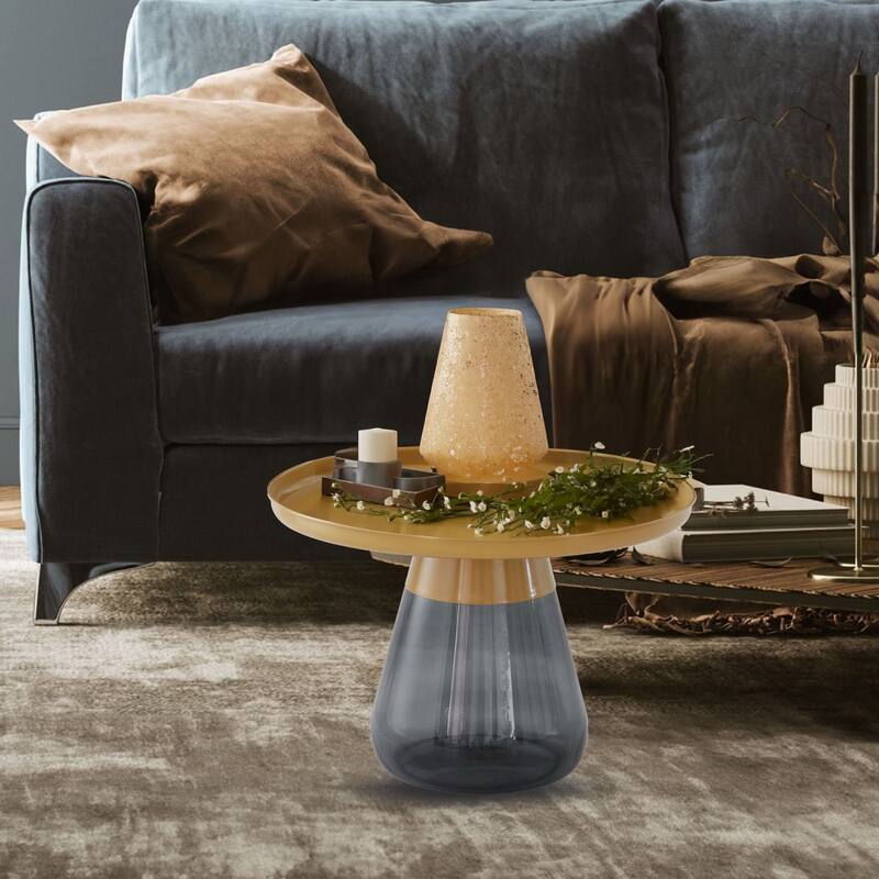 24" Matte Gold Tray Top Aeryn Nesting Table with Smoky Gray Glass Base - 24x17