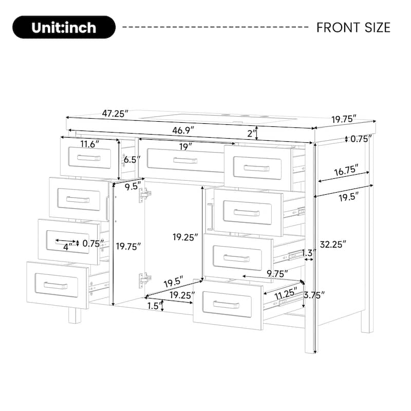 48" Freestanding Bathroom Vanity with Sink, 2 Doors, 8 Soft-Close Drawers, Resin Top and Storage Cabinet