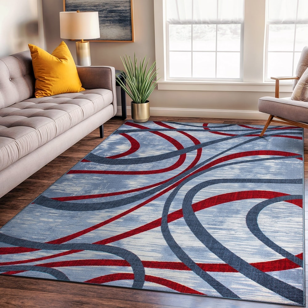 Contemporary Distressed Abstract Lines Non Slip Area Rug