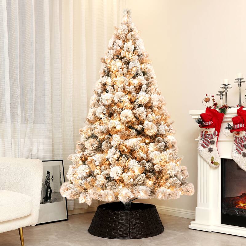 Snowy 6.5ft Pre-Lit Artificial Christmas Tree with 1107 Tips, Hinged Branches, and 350 Lights, Xmas Tree for Home Office