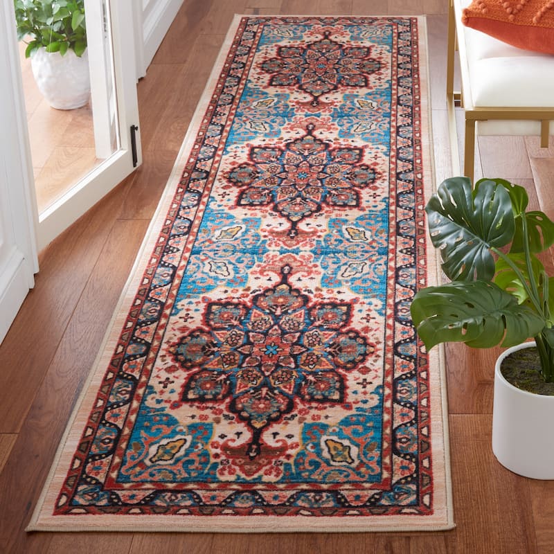 SAFAVIEH Riviera Machine Washable Slip Resistant Wilma Oriental Rug - 2'2" x 9' Runner - Blue/Beige
