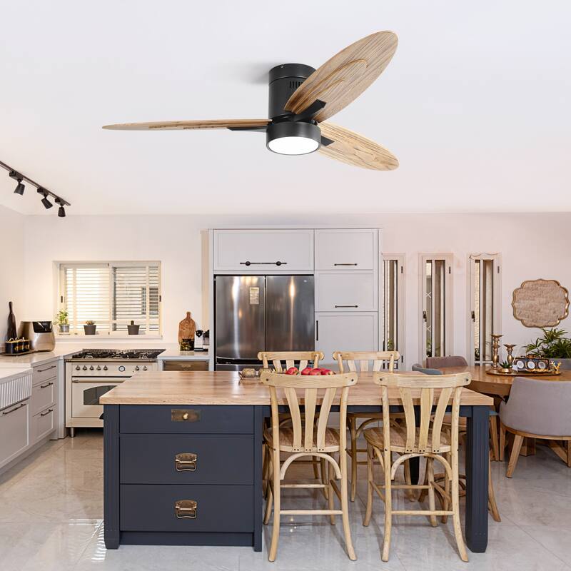 56 Inch Flush Mount Ceiling Fan with Light, Remote LED Ceiling Fan Lights with 3 Solid Wood Blades, Reversible DC Motor