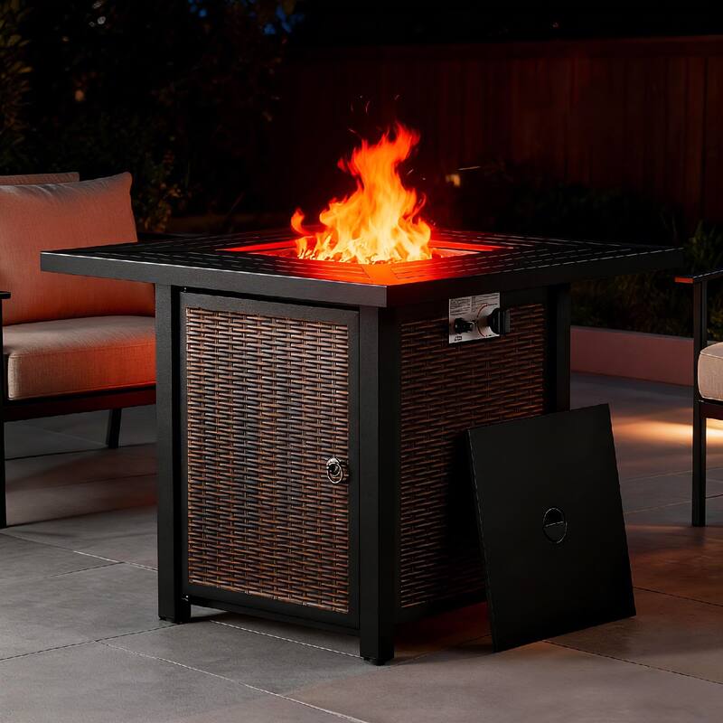 Meyreso 30 in. Square Brown Metal Propane Gas Outdoor Fire Pit Table with Lava Rocks, 50000 BTU