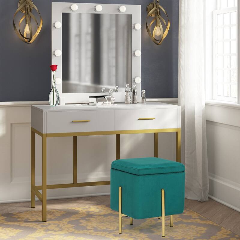 Adeco Square Velvet Storage Ottoman Multi-Function Vanity Footstool