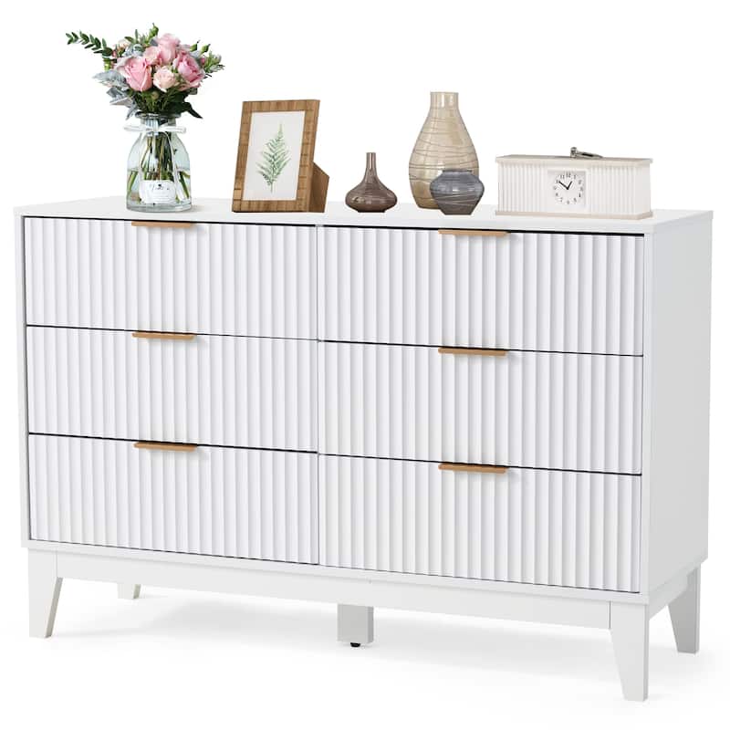 EROMMY Fluted Dresser 6 Drawer Mid Century Modern Dresser Wide Chest of Drawers with Metal Handles for Bedroom Living Room