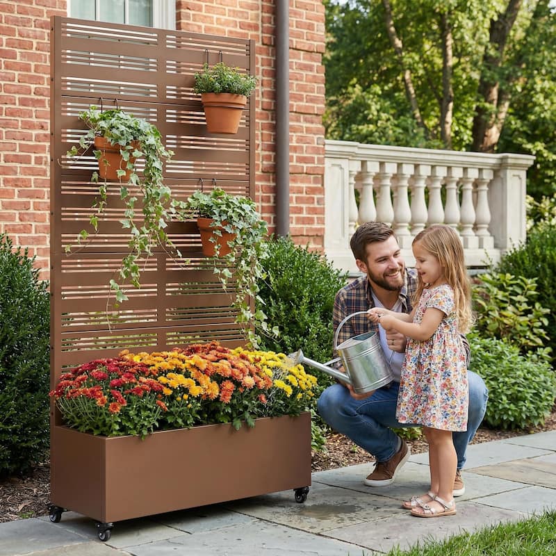 Outdoor Metal Galvanized Privacy Screen Planter Box with Trellis Lockable Wheels