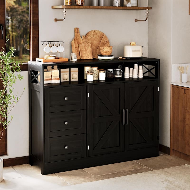 47inch Farmhouse Buffet Sideboard Cabinet, Wood Cupboard Storage Pantry Cabinet with Drawers, Coffee Bar Station Table - black