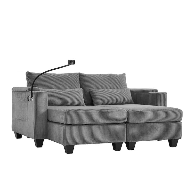63" Convertible Chaise Lounge Chair, Corduroy Upholstered Sofa Bed with USB Ports & Cup Holders, Living Room Loveseat Sofa