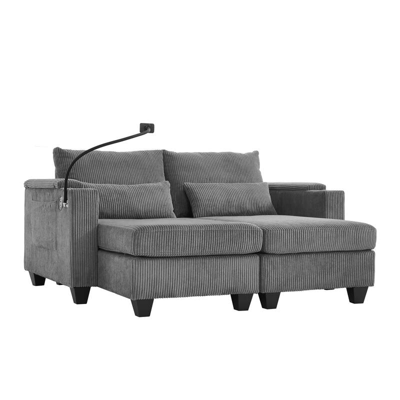 63" Convertible Corduroy Sofa Bed with USB Ports, Cup Holders, Storage, Grey