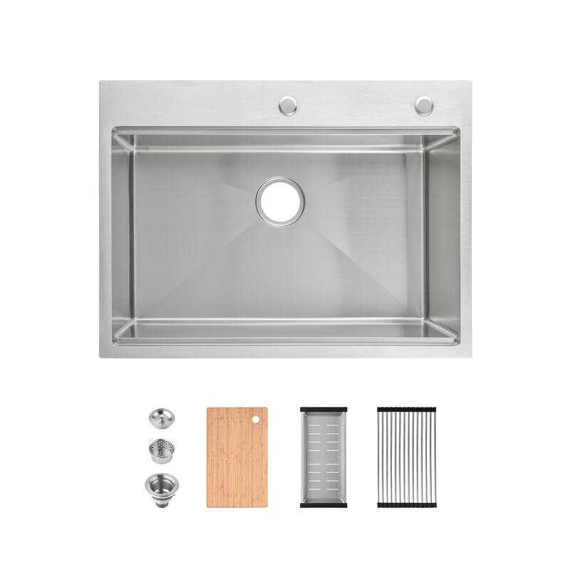 Stainless Steel Kitchen Sink Single Bowl with Cutting Board, Colander
