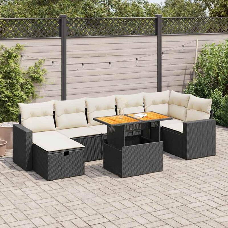 vidaXL Patio Sofa Set with Cushions Outdoor Conversation Furniture Poly Rattan - 21.7 x 39.4 x 28.7 - Black+Cream-Corner+table+2 middle+footrest