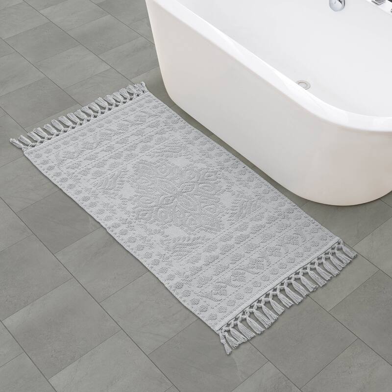French Connection Nellore Fringe Cotton Bath Rug - 26x49 - Light Gray