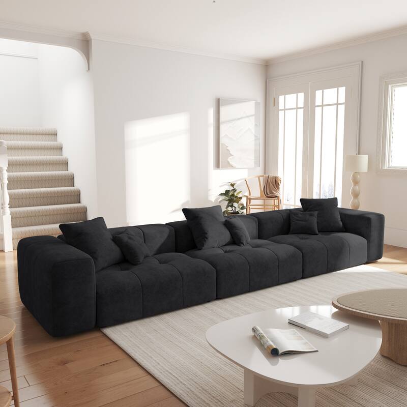144.17" Linen Sectional Sofa 3-Seater Modular Couch with Pillows for Living Room - Black