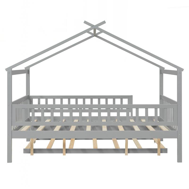 Full Size Wooden House Bed with Twin Size Trundle