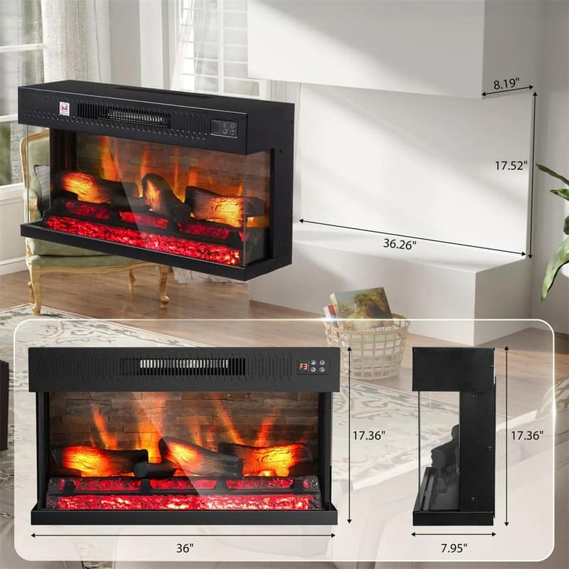 28/36 inch Electric Fireplace Insert 3 Sided View 20 Flame Color Heater
