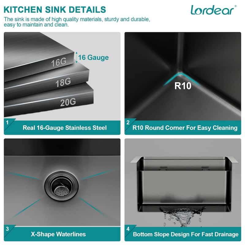 Lordear 17" Stainless Steel Sink Undermount Workstation Single Bowl Bar Sink or Kitchen Sink with Folding Faucet
