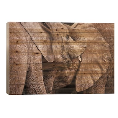 Elephant Interaction Print On Wood by Jane Rix - Multi-Color