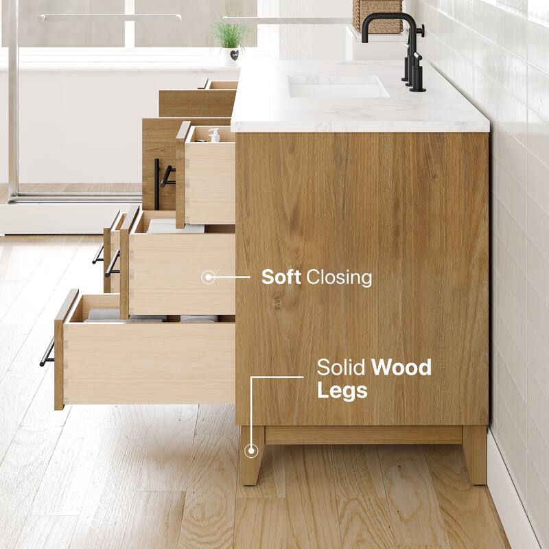 Graham 48"W Oak Bath Vanity with WH Arabescato Engineered Stone Top