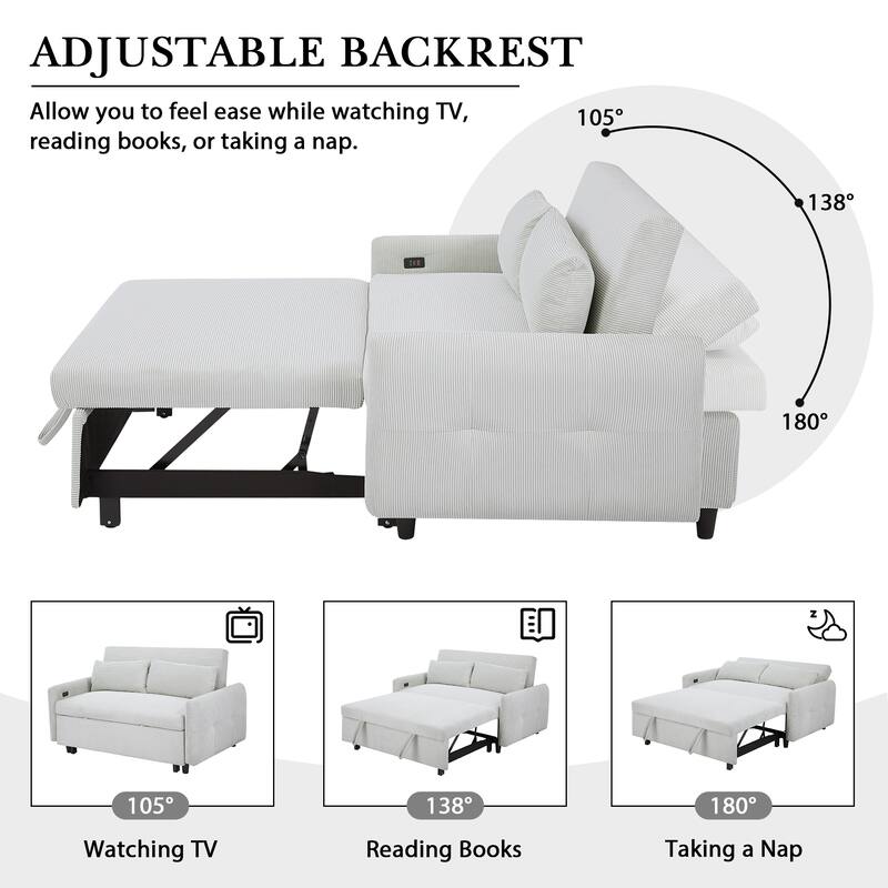57.48" Pull-Out Sofa Bed Convertible Couch 2 Seat Loveseat Sofa - Light Blue
