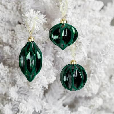 Geometric Ribbed Glass Christmas Ornaments - 5" - Green - 12ct