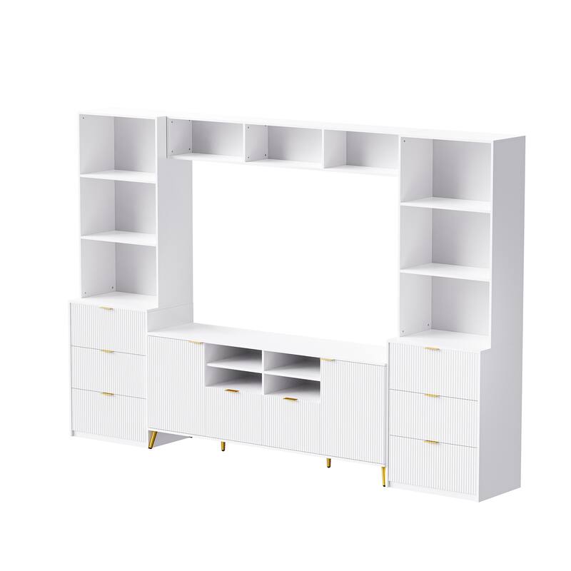 White 112.5" Entertainment Wall Unit with 13 Shelves, 8 Drawers and 2 Cabinets for TVs Up to 70"