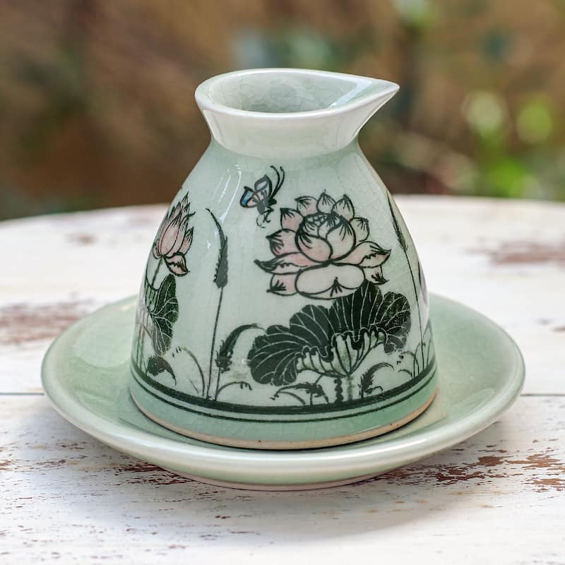 Novica Handmade Luxuriant Lotus Celadon Ceramic Milk Pitcher And Saucer