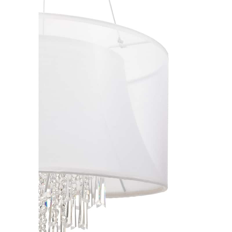 4-Light Double White Fabric Drum Shade Crystal Chandelier