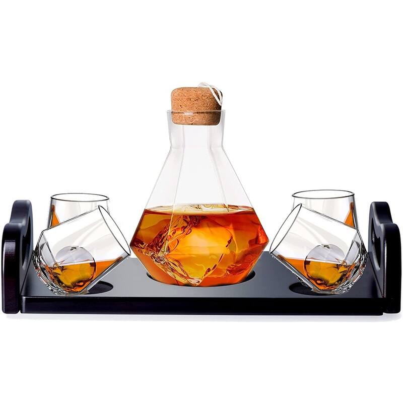 Diamond Decanter with Wood Tray - Set of 4
