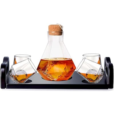 Diamond Decanter with Wood Tray - Set of 4