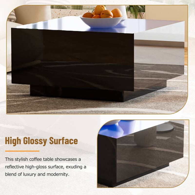 Modern Square High Glossy Coffee Center Table with 16-color LED Strip Lights