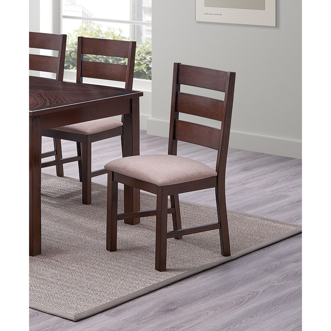 Set of 2 Dining Chairs Solid wood Ladder Back Fabric Cushion Seat Chairs Dining Room Furniture