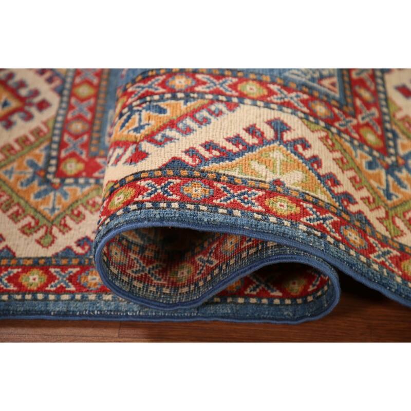 Kazak Oriental Accent Rug Hand-Knotted Blue Geometric Wool Carpet - 3'2"x 4'7"