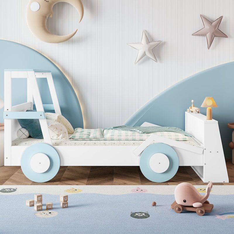 Twin Size Car Bed with Storage Shelves, Kids Platform Bed with Cute Car-shape, Childlike Design, Blue White