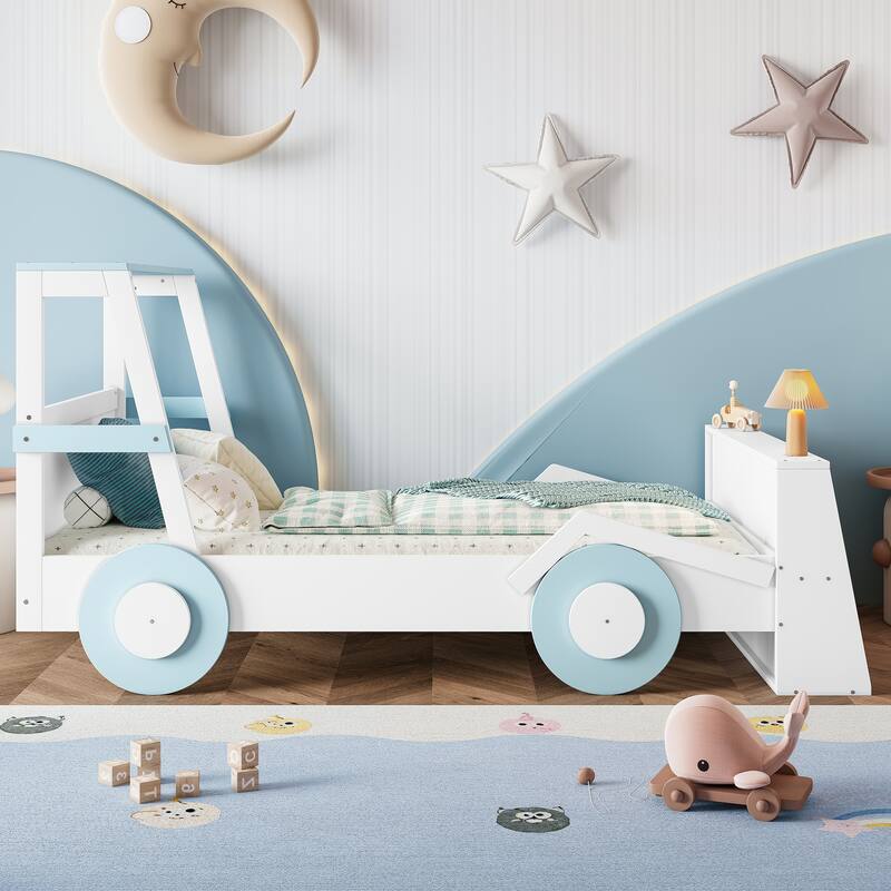Twin Size Car Bed with Storage Shelves - Kids Platform Bed, Cute Car Shape, Childlike Design