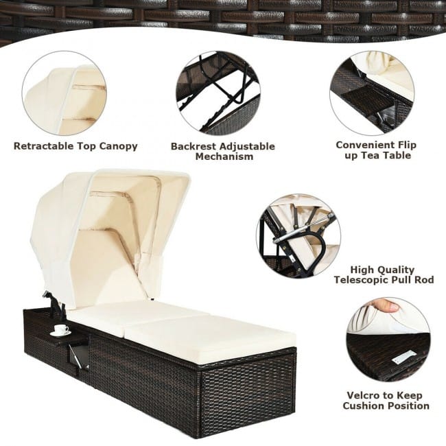 Chaise Cushioned Top Canopy Patio Rattan Lounge Chair with Tea Table - 77”x 23.5”x 13”-25”-28.5”-32.5”-35.5”(L x W x H)