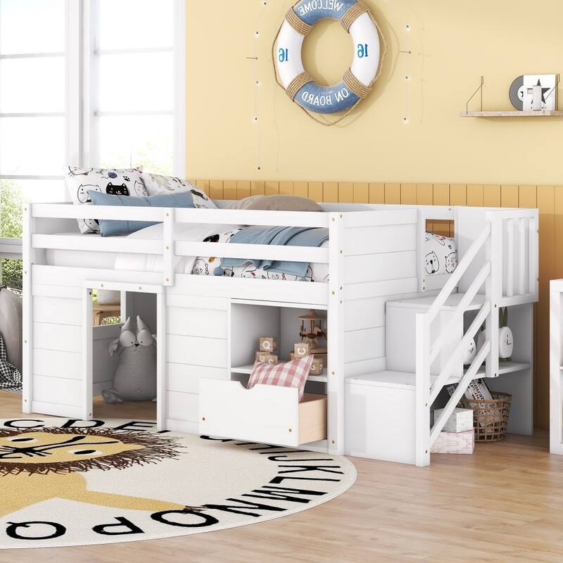 Solid Wood Twin Size Low Loft Bed with Stair and Drawer
