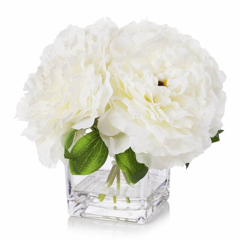 Enova Home Artificial Silk Peony Fake Flowers Arrangement in Cube Glass Vase with Faux Water for Home Wedding Decoration - N/A - Cream