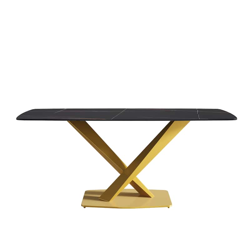 71" Modern Dining Table with Slate Stone Top and Metal Legs, Marble Dining Table