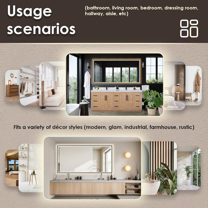 Apollo Rectangular Anti-Fog Dimmable Modern Bathroom/Vanity LED Lighted Wall Mirror in Matte Black Aluminum Framed